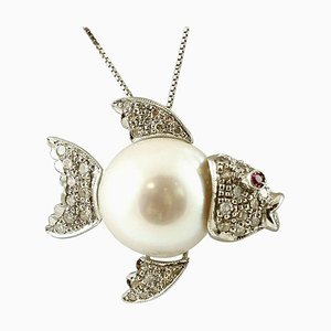Ancient Handcrafted Fish-Shaped Diamonds, Ruby, South Sea Pearl and Gold Pendant