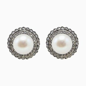 0.50 Karat Diamonds, Australian Pearls, Rose Gold and Silver Earrings