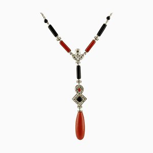 Antike handgefertigte Halskette mit Diamanten, roten Korallen und Tropfen, Onyx und 14 Karat Weißgold