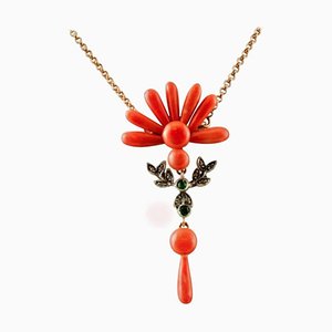 Coral, Diamond, Tsavorite & Rose Gold Pendant Necklace
