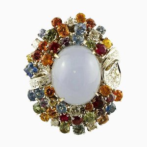 Diamond, Ruby, Sapphire, Chalcedony & 14K White Gold Cocktail Ring