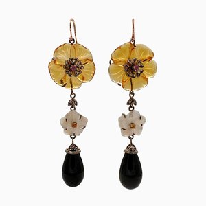 Diamond, Onyx, Mother-of-Pearl, 9K Rose Gold and Silver Dangle Earrings