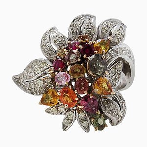 Rose and White Gold, Diamond and Sapphire Cluster Flower Ring