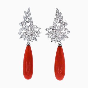 Coral Drop, Diamond & 18 Karat White Gold Dangle Earrings