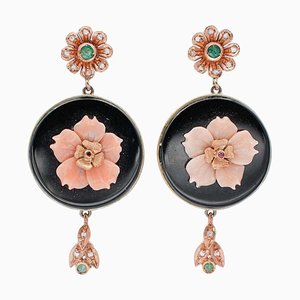 Pink Coral, Emeralds, Diamonds, Rubies, Onyx, 9 Karat Rose Gold and Silver Earrings, Set of 2