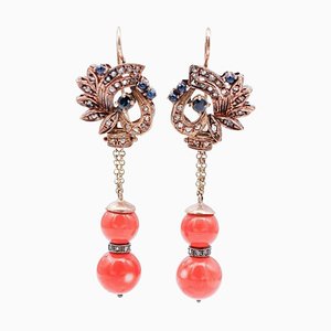 Coral, Sapphires, Diamonds, 9 Karat Rose Gold and Silver Dangle Earrings, Set of 2