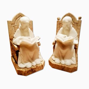 Fermalibri a forma di monaco in alabastro e marmo, set di 2
