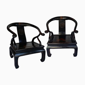 Chinese Horseshoe Armchairs Lacquered in Black, Set of 2