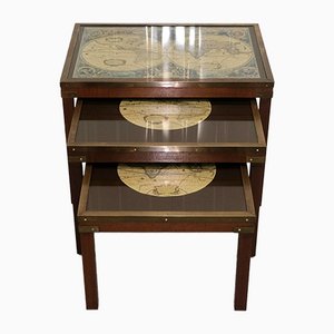 Hardwood Military Campaign Nesting Tables with World Map, Set of 3