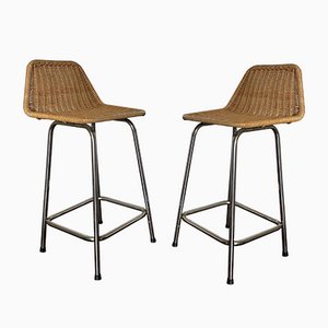 Vintage Modernist Steel and Rattan Stools in the Style of Charlotte Perriand from Dirk Van Sliedregt, 1960s, Set of 2