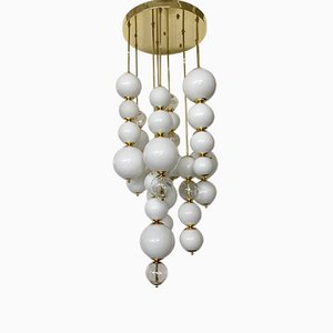 Round White and Transparent Murano Art Glass Chandelier, 1980