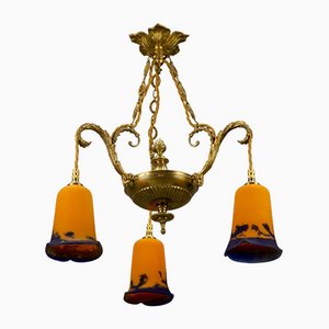 Neoclassical French Bronze Chandelier in Pate De Verre Glass by Jean Noverdy