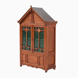 Large Oak Arts & Crafts Wall Cabinet with Green Glass, 1900s