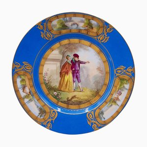 Plato circular antiguo en azul Celeste pintado a mano