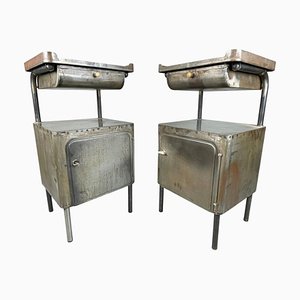 Comodini vintage industriali in acciaio spazzolato, anni '20, set di 2