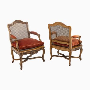 Mid-Century Regence Style Armchairs in Beech and Cane