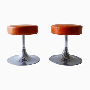 Set of Chrome and Leather Stools, Italy, 1970s