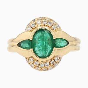 French Modern Emeralds Diamonds, 18 Karat Yellow Gold Ring
