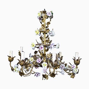 Lámpara de araña italiana en forma de jaula con flores de porcelana