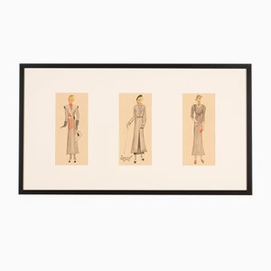 Art Deco Fashion Drawings I, Gouache on Paper, Framed