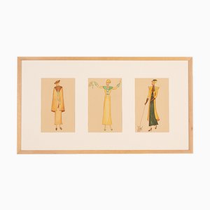 Art Deco Fashion Drawings II, Gouache on Paper, Framed