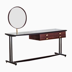 Wooden Dressing Table with Mirror, Colored Glass Top and Brass Details from Dassi, 1950s