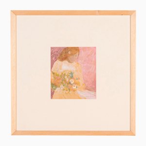 Lady with Flowers, Gouache on Cardboard, Framed