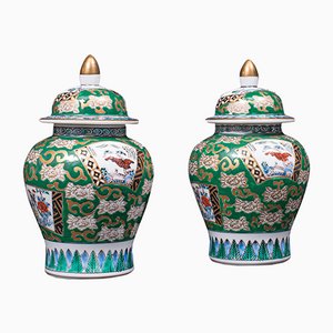 Vintage Chinese Ceramic Hand Painted Ginger Jars, Set of 2, 1940s
