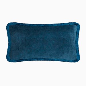 Cojín HAPPY PILLOW de terciopelo suave con flecos en azul de Lorenza Briola para LO DECOR