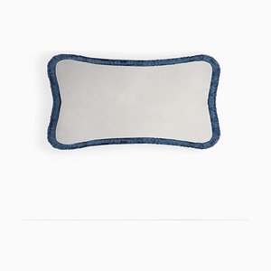 Coussin Happy Pillow en Velours Blanc avec Franges Bleues