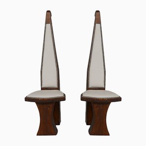 Mid-Century Leather and Wood Folk Chairs, Set of 2