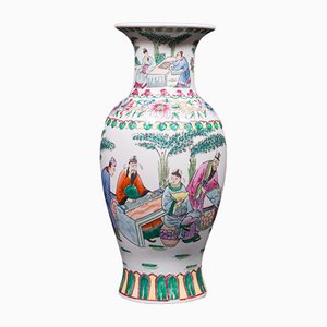 Jarrón chino antiguo de cerámica pintado a mano, década de 1900