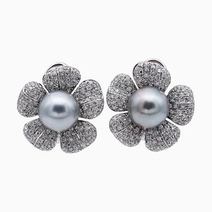 Diamonds, Grey Pearls & 18 Karat White Gold Flower Earrings