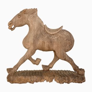 Late 19th-Century Wabi Sabi Chinese Carved Wooden Tang Horse, 1870