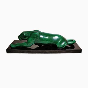 Art Deco Panther, France, Green Ceramic Glaze