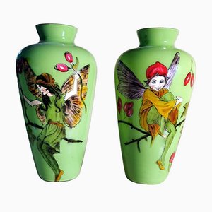 French Opaline Green Glass Jars with Hand Painted Sprites, Set of 2