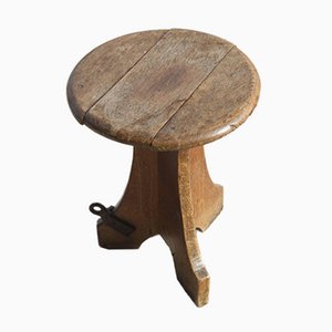 Brutalist Solid Wood & Wrought Iron Farm Stool, 1950s