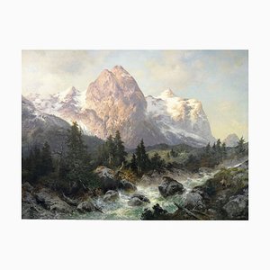 J. Miller, Paesaggio di montagna, olio su tela, in cornice