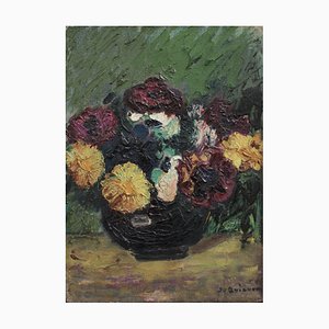 Quignon, Bouquet of Flowers in a Black Vase, 1950s, Oil on Canvas, Framed