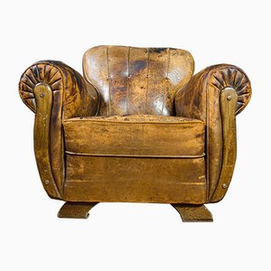 Brown Leather Armchair with Patina, 1950s