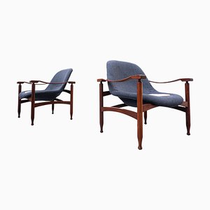 Brasilian Blue Wood and Fabric Armchairs by Jorge Zalszupin, 1960s, Set of 2