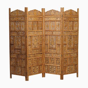 Hand Carved Solid Teak Folding Screen with Brass Inlaid Detail