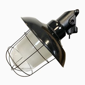 Industrial Black Enamel and Cast Iron Wall Lamp with Iron Grid, 1960s