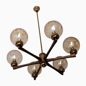 Italian Gold-Plated Brass Chandelier with 6 Globes by Angelo Brotto for Esperia, 1970s