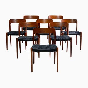 Teak and Papercord Model 56 & 75 Dining Chairs by Niels Moller for J. L. Møllers, 1960s, Set of 8