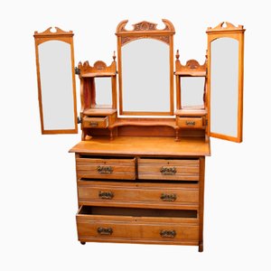 Satin Walnut Dressing Table with Triple Mirrors, 1960s