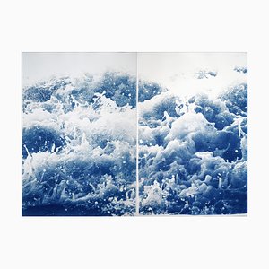 Tempestuous Tidal in Blue, Stormy Seascape Cyanotype Diptych Print, 2020