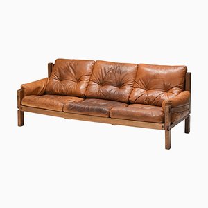 French Elm & Leather S32 Sofa After Charlotte Perriand by Pierre Chapo