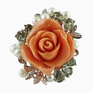 Coral Flower Diamond Sapphire Pearl 14k White and Rose Gold Ring
