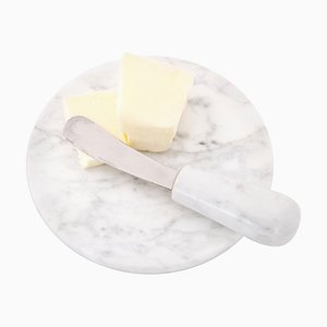 Butter Knife and Plate in White Carrara Marble, Set of 2